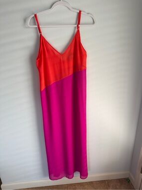 Lulus Colorblock Maxi Dress Womens Size M Orange Pink Chiffon Slip V-Neck Slit